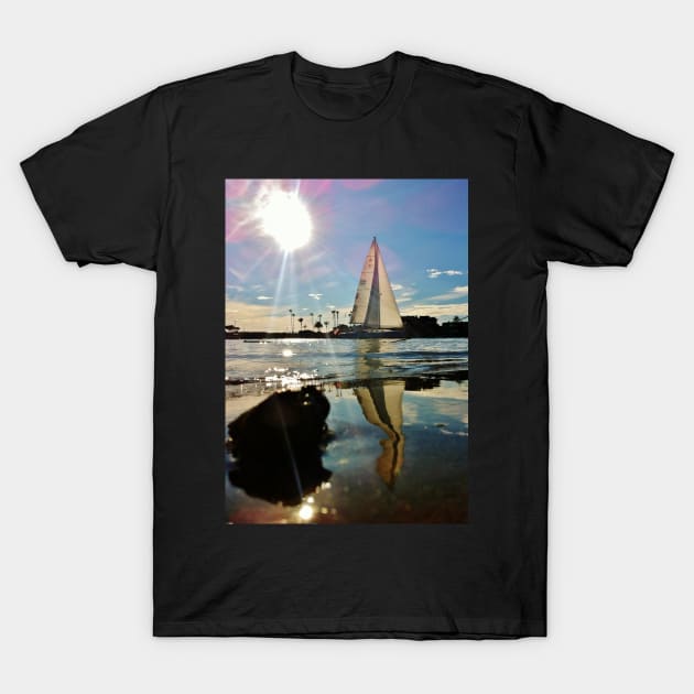 White Sailboat Reflecting in the Sparkling Glassy Water T-Shirt by 1Redbublppasswo